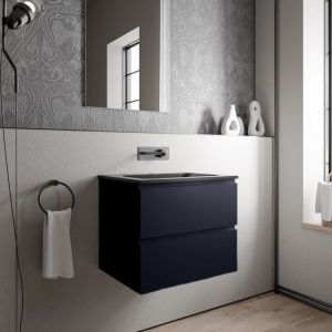 Meuble vasque suspendu salle de bain mdf Bleu fonc&eacute; mat, lavabo fonte min&eacute;rale Noir mat, sans trou robinet - 60x46x50cm - ava cream Noir mat sans