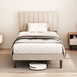 Lit adulte 90&times;200cm ,Cadre de lit simple ,lit complet avec t&ecirc;te de lit rembourr&eacute;e r&eacute;glable,12 sommier lattes en bois massif,beige