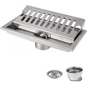 Siphon de Sol, 20 x 10 cm Siphon de Sol Rectangulaire, Argent Siphon de Sol avec Grille en Acier Inoxydable, Convient pour wc, Salle de Bain,