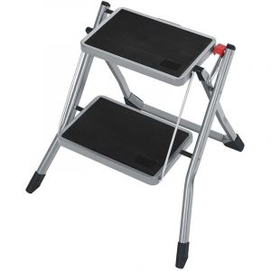 Escabeau &agrave; 2 marches marche-pieds pliable largeur de marche 20 cm caoutchouc antid&eacute;rapant avec poign&eacute;e charge 150 kg en acier gris