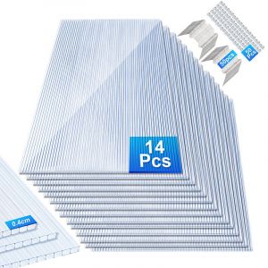 Randaco 14x Plaques de polycarbonate creux 4mm 121x60,5cm 50 clips vitrage serre de jardin 10,25m&sup2; r&eacute;sistant UV double paroi isolante alv&eacute;olaire