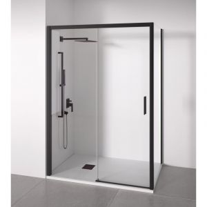 Paroi de douche angulaire 1 coulissante + 2 fixes - Verre 6mm - Noir mat - Largeur 95-100 x 87-90cm - Porte droite - Hauteur 195cm