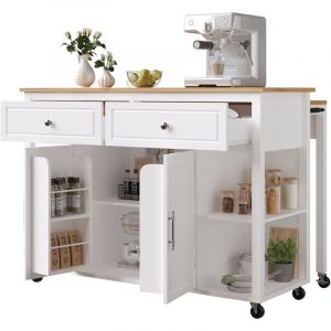 MODFU - Desserte de cuisine sur roulettes, 2 tiroirs 2 portes, &icirc;lot central avec table extensible et &eacute;tag&egrave;res r&eacute;glables, 120&times;50/81&times;92cm, MDF, blanc