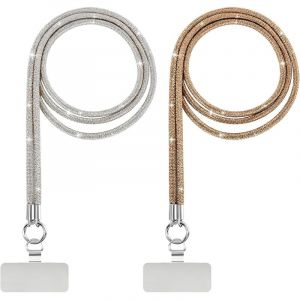 Lot de 2 Cordon T&eacute;l&eacute;phone Portable Universelle, Tour de Cou Telephone Avec Strass &agrave; Paillettes, Brillante Argent&eacute;-Dor&eacute; Cordon &agrave; Paillettes Avec