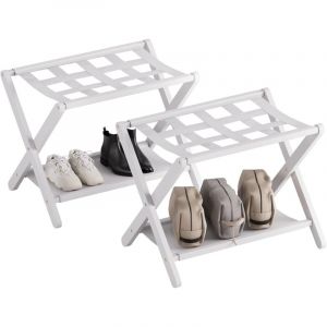 Porte Valise pour Chambre, Lot de 2, Repose Valise Hotel Pliable, Porte Bagage en Bambou, Baggage Stand avec &eacute;tag&egrave;re, Montage Facile, Blanc