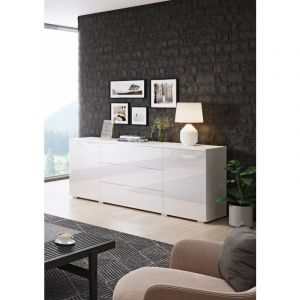 Commode 150 cm Paris, commode &agrave; tiroirs, commode de salon, meuble auxiliaire de salon, meubles de salon modernes (blanc/blanc brillant).