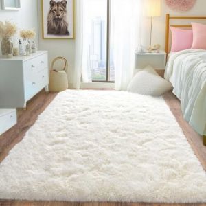 Tapis &agrave; poils longs pour salon, 120 x 160 cm, cr&egrave;me, moelleux et doux, tapis pour chambre, tapis shaggy moderne, tapis de chevet, tapis antid&eacute;rapant