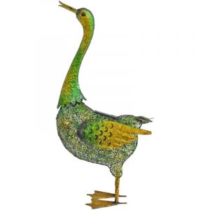 Sculpture de jardin canard animaux solaires pour ext&eacute;rieur grande figurine de d&eacute;coration de jardin, m&eacute;tal vert jaune, 3x led 3800K, LxH 40x63 cm