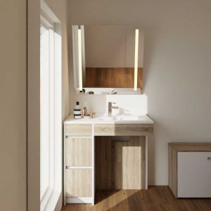 Meuble salle de bain PMR ANDY PLUS 90 cm bois et blanc + miroir Motory- Vasque &agrave; droite