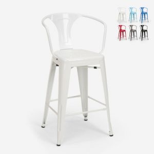 tabouret de bar et cuisine avec dossier en m&eacute;tal design industriel style steel back - Blanc