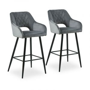 Lot de 2 tabourets de Bar en Velours avec siège rembourré Doux, accoudoir, Dossier Ouvert et Base en métal, Chaise Haute, Gris
