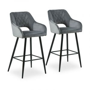 Clipop - Lot de 2 tabourets de Bar en Velours avec siège rembourré Doux, accoudoir, Dossier Ouvert et Base en métal, Chaise Haute, Gris