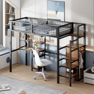 Lit mezzanine 90x200 cm en métal, avec bureau, armoire, étagère, escalier de rangement, sommier à lattes, lit combine enfant en hauteur - Noir