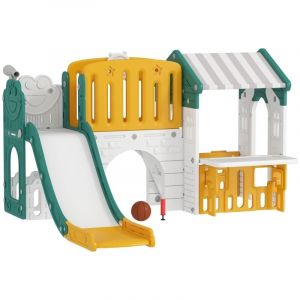 Aire de jeux 7-en-1 pour enfant 1-4 ans, toboggan indoor, cabane avec tableau, tunnel, panier de basket, plastique jaune