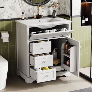 Meuble lave-mains 76x46x87 cm, meuble lave mains &agrave; poser,meuble de salle de bain &agrave; poser, avec lavabo, 3 tiroirs, 1 tiroir rabattable, vasque en