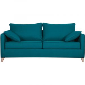 Canap&eacute; convertible scandinave 3 places en tissu bleu canard et bois clair avec matelas 10 cm PAPEL