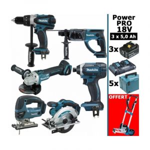 Makita - Pack Power pro 6 outils 18V: DDF458 +DHR202 + DGA504 + DTD152 + DJV180 + DSS610 + 3 batt 5Ah + 5 Coffrets + chariot diabl