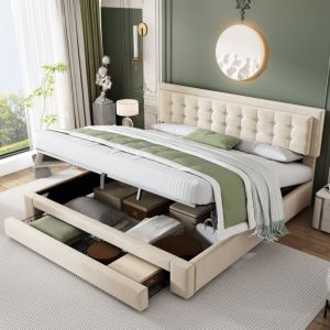 Lit coffre double 180x200 cm, avec tête de lit capitonnée à boutons, et 1 tiroir en bout de lit, sommier à lattes, cadre doré, tissu velours, adapté
