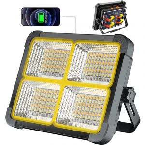 Projecteur LED Rechargeable 100W, Projecteur Chantier Rechargeable 336 LEDs/Panneau Solaire/ 4 Modes d'&eacute;clairage/Batterie Externe 12000mAh/