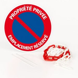 Signaletique.biz France - Panneau propriété privée emplacement reservé disque rigide prépercé avec chaine plastique rouge/blanc avec collier de