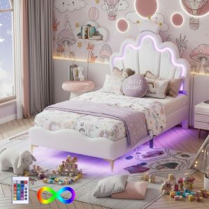 Lit simple 90x200 cm - Lit princesse couronne, avec &eacute;clairage LED, similicuir, style scandinave, sommier &agrave; lattes, lit enfant - Blanc