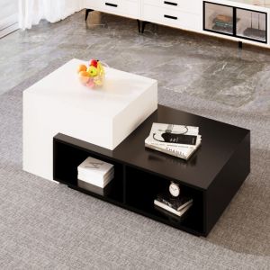 Okwish - Table basse relevable carré avec rangement, table de salon noire-blanche, 70x60x17 cm