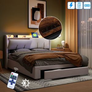 Lit coffre tiroir 160x200, lit adulte avec led Réglable, lit double capitonné avec 1 tiroir,sommier à lattes,tête de lit avec rangement,port de