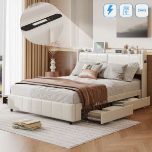 Lit 140x190 cm, 2 places, avec 4 tiroirs de rangement, usb-a/c charge, poches latérales, sommier à lattes en bois, cadre en métal, lit capitonné en