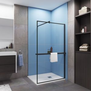 Paroi de douche &agrave; l'italienne cadre noir 80x200cm install&eacute; avec une barre de fixation carr&eacute; en 90cm,livr&eacute; avec &eacute;tag&egrave;re de douche noir