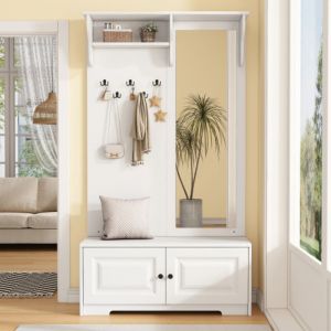 Armoire d'entr&eacute;e 100 x 40 x 180 cm avec miroir, 5 pat&egrave;res, 2 armoires, 1 &eacute;tag&egrave;re et rangement &agrave; chaussures &ndash; Blanc