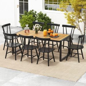 Table de Jardin 200 CM pour 8 Personnes Table Exterieur en Bois d&rsquo;Acacia avec Trou de Parasol Dia.5 CM Design Latte Pieds