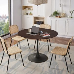 Eifson - Table à manger ronde 120 cm, table a manger bois massif, plateau design à épissure, piètement en métal, capacité de charge de 100 kg, table