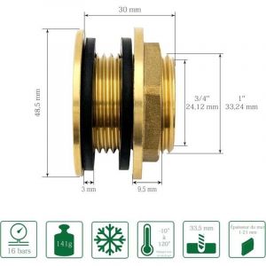 Travers&eacute;e de Paroi en Laiton de 3/4 Pouce (20/27) de Haute Qualit&eacute; Inoxydable + 2x Joints en Caoutchouc Gratuits, Travers&eacute;e Cloison Pour Robinets