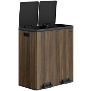 Poubelle 2 p&eacute;dales poubelle avec double compartiment 2 x 30 litres anti-traces de doigts inox seau int&eacute;rieur plastique avec poign&eacute;e marron