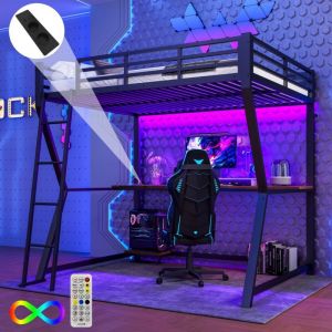 Lit mezzanine équipée 140x200 : LED, prises USB/courant, console et bureau. Escalier rampe, couleur noir (Sans matelas)