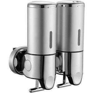 Distributeur de Savon Double T&ecirc;te Montage Mural Distributeur de Lotion Double Manuel Distributeur de D&eacute;sinfectant Mural Inox Distributeur Lavage