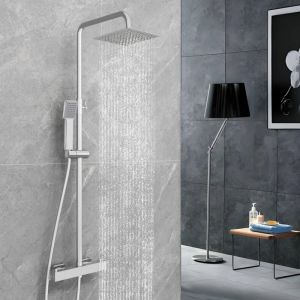 Biubiubath - Colonne de douche thermostatique chrom&eacute;e, syst&egrave;me de douche &agrave; effet pluie, douche carr&eacute;e, cabine de douche &agrave; l'italienne
