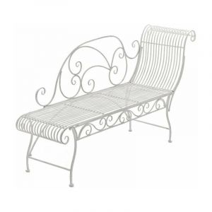 D&eacute;coshop26 - Banc de jardin banquette design en fer forg&eacute; blanc vieilli dossier c&ocirc;t&eacute; droit 156x46 cm MDJ10190