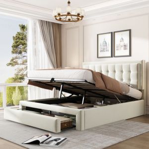 Lit coffre capitonné 140x190cm en velours - avec tiroir et sommier à lattes - Beige(sans matelas)