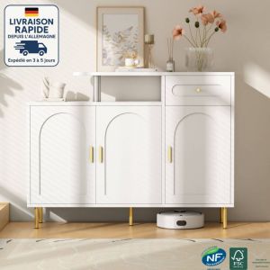 Modfu - Buffet/commode &agrave; chaussures avec poign&eacute;es en m&eacute;tal, 1 tiroir, 3 portes, sur pieds m&eacute;talliques &ndash; blanc, 120x92x35 cm