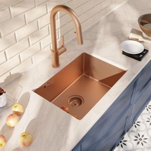 Ceramia - Timeless 55x45x21 cm évier sous plan en inox 304 + mitigeur inox avec douchette extractible, cuivre brossé (TMLKSU-5545BCP-M2)