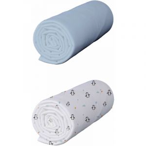 Baby Fox - Lot de 2 draps housses b&eacute;b&eacute; coton jersey bleu ciel/Pingouin 60x120 cm