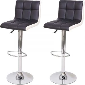 HHG - 2x Tabouret de bar 232, chaise bar/comptoir, r&eacute;glable en hauteur, similicuir noir-blanc, pied chrom&eacute;