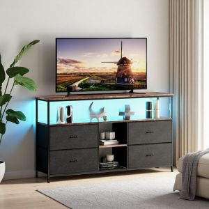 Meuble TV avec Support R&eacute;glable et &Eacute;clairage LED RVB, avec 4 Tiroirs, &Eacute;tag&egrave;res Ouvertes en Verre, 108 cm, Meuble T&eacute;l&eacute; Moderne, pour Salon, Chambre,