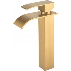 Robinet salle de bain lavabo haut cascade bec pour vasque,Mitigeur Dor&eacute; pour Vasque, Robinettrie de Lavabo Haut, Mitigeur eau froide et chau moderne