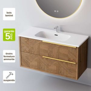 Sanizeo - Meuble de salle de bain plan vasque Solide Surface, 2 Tiroirs Chêne Moyen Poignée Or, l60xh54xp45, Effet 3D, reel
