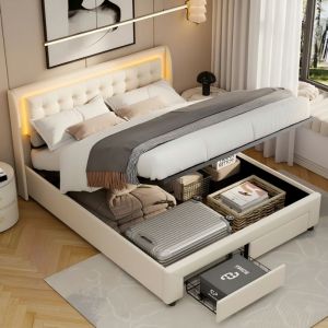 Lit 140x190cm - Lit Coffre 140x190 et Sommier - Lit Double avec T&ecirc;te de Lit LED RGB, et Tiroirs de Rangement - Velours Beige