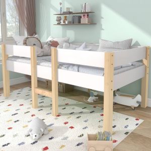 Lit mi-hauteur 90x190 cm, lit enfant avec protection antichute, en bois de pin massif, blanc et chêne, sans matelas
