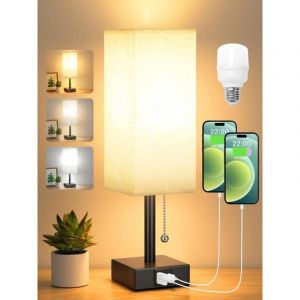 Lampe de Chevet 3 Couleur Modes(3000/4000/5000K) avec Ports de Charge USB-A+C Ampoule LED Interrupteur &agrave; Cha&icirc;nette, Lampe de Table pour Chambre &agrave;
