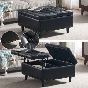 Pouf Pliable Coffre de Rangement Carré 75x75x41cm PU Cuir Petit Canapé pour Salon Chambre Meuble Entrée Meuble Chaussures Noir